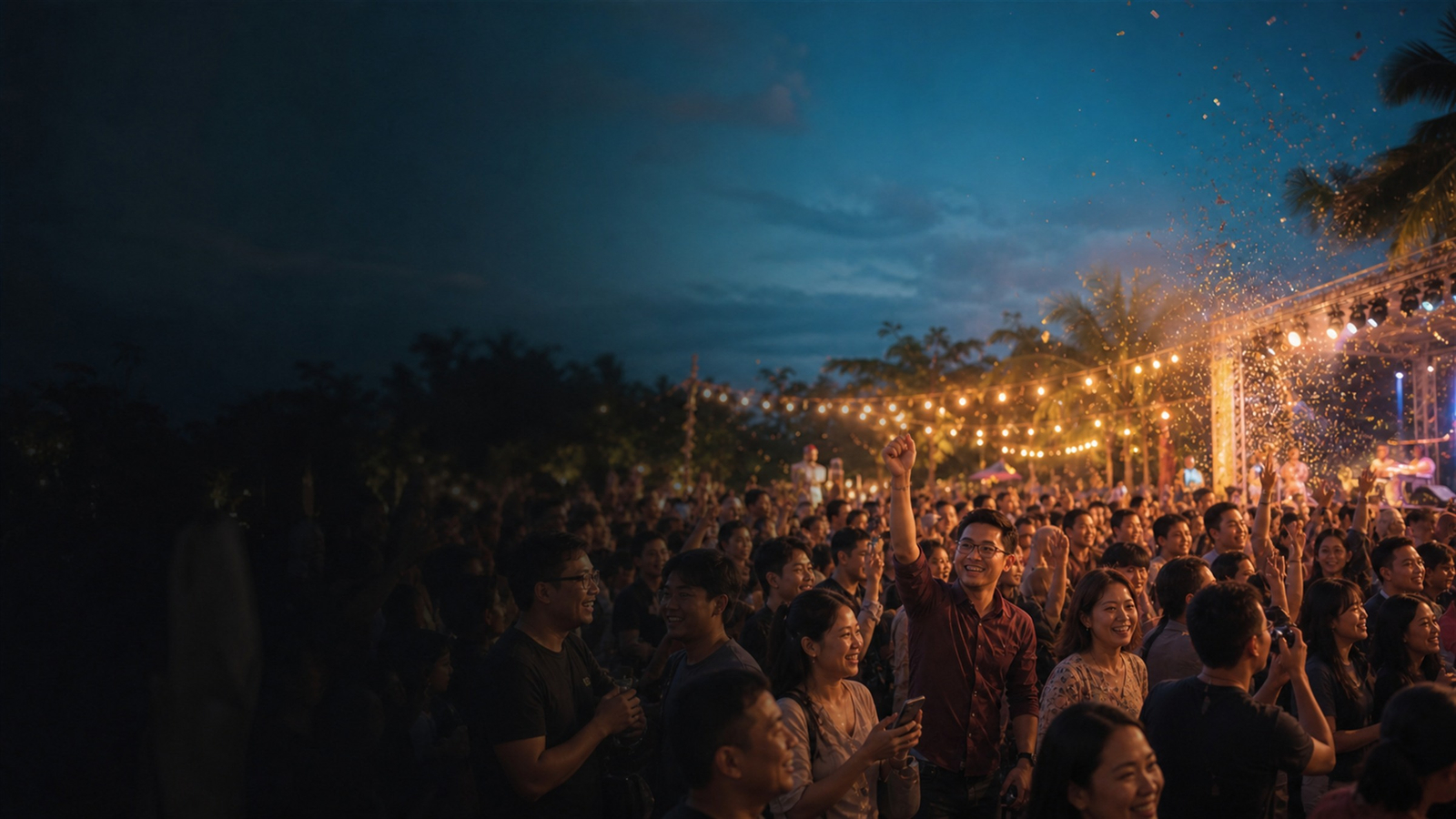 Chinese and international guests celebrating beneath warm festival lights